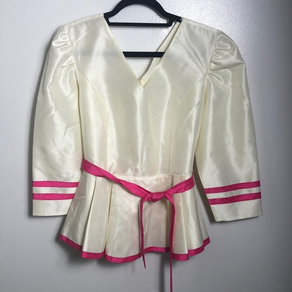 Vintage handmade Cream and Pink Blouse V-Neck Plunge - Picture 1 of 4